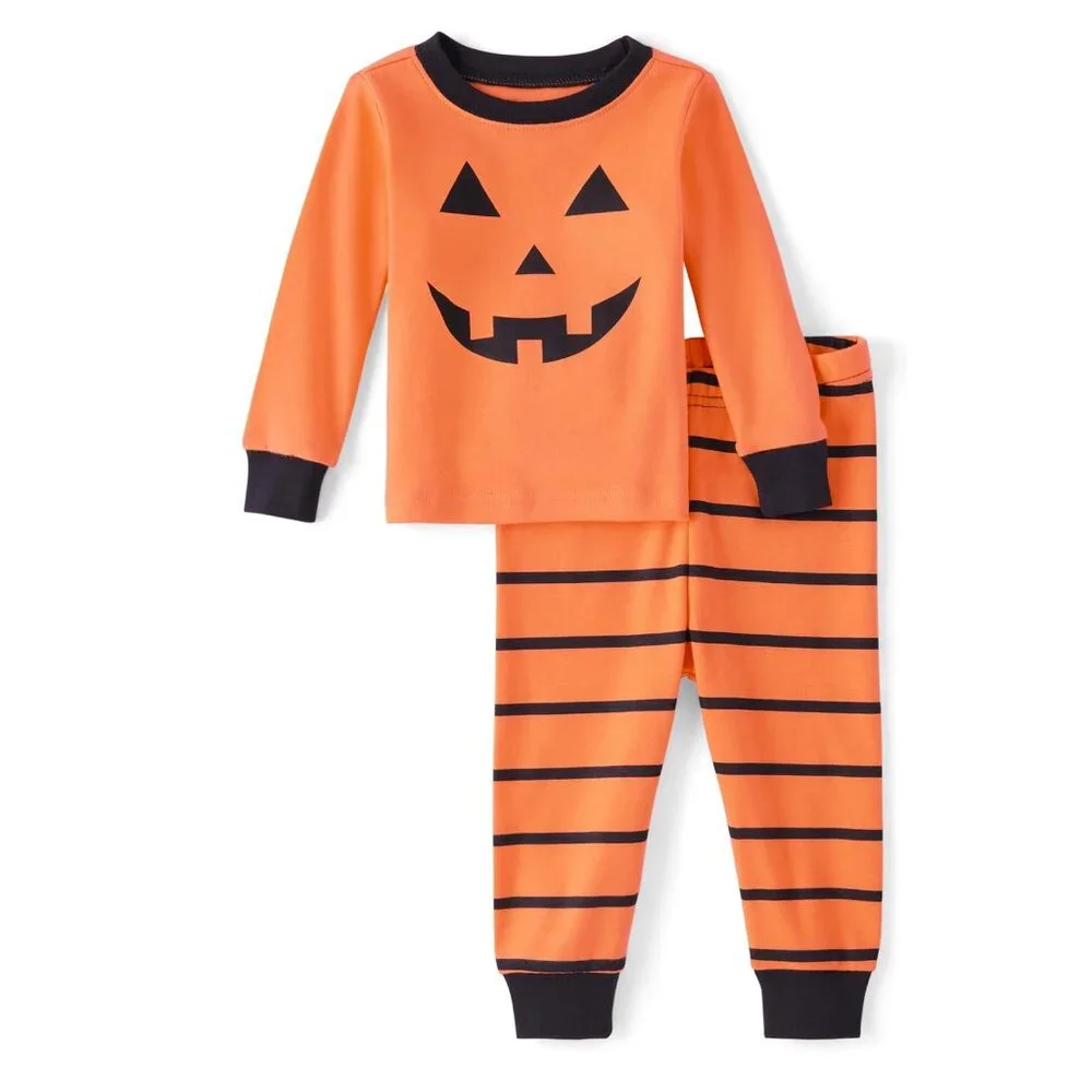 The Childrens Place Halloween Pumpkin Face Snug Fit Cotton Pajamas - orange